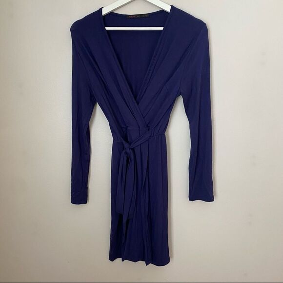 Fraiche by J Dress Wrap Long Sleeve Blue Casual Comfy Neutral Trendy Dinner Date - Picture 8 of 8